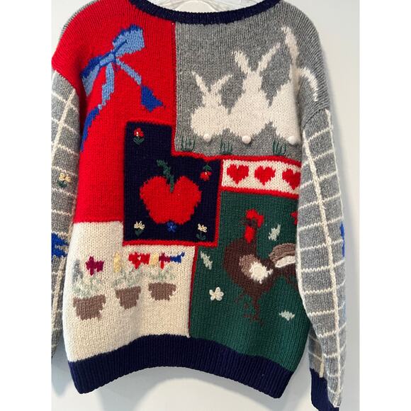 Vintage Wool & Angora Teacher's Knit Sweater Bunnies Rooster & Apple Sz Small JL - Picture 8 of 10